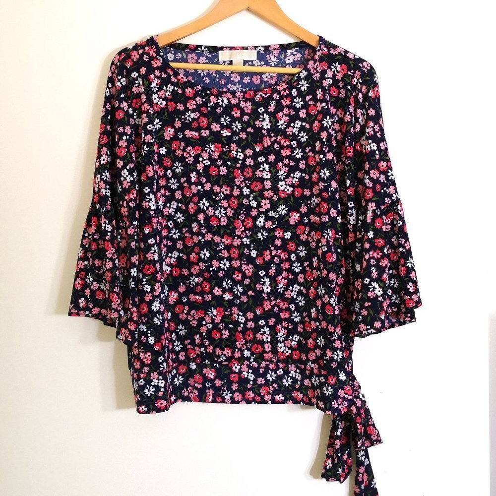 New Michael Kors Boho 3/4 Bell Sleeve Side Tie Jersey Knit Floral Top Size XL